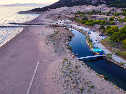 bird's eye drone panoramic view of beach kalogria