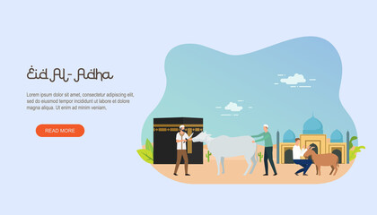 Eid al adha mubarak with people character concept. Hajj and umrah Illustration design for Landing page templates, Book Illustration, Banners, Card Invitation, Poster and Social media