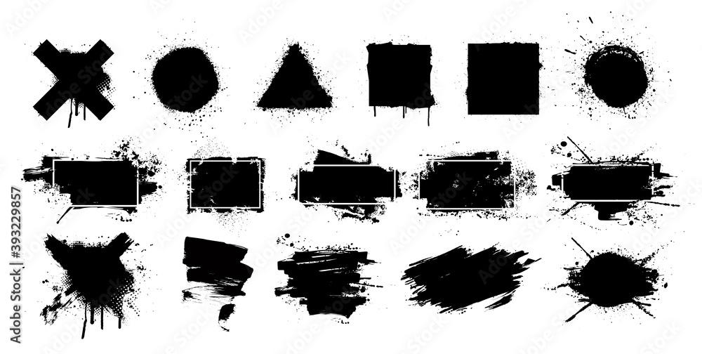 Aufkleber black grunge splashes stencil with frame. graffiti spray paint, different shapes. dirty artistic des