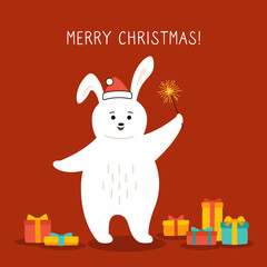 Greeting Christmas card, rabbit with sparkler and gift box. Hare in Santa Claus hat. Hand drawn funny cartoon christmas character. Happy New year, merry Christmas. Animal vector