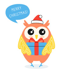 Greeting Christmas card, owl and speech bubble. New year bird with gift box, in Santa Claus hat. Hand drawn cartoon character, dialog speech bubble. Merry Christmas. Vector on white background