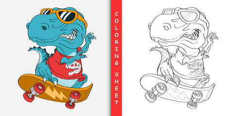 skater t-rex dinosaur cartoon, Coloring sheet © kancut