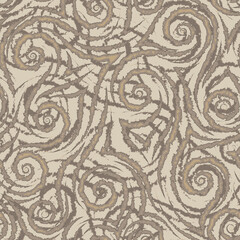 Brown smooth lines corners and spirals with torn edges on a beige background vector seamless pattern.Abstract geometric fur or wool