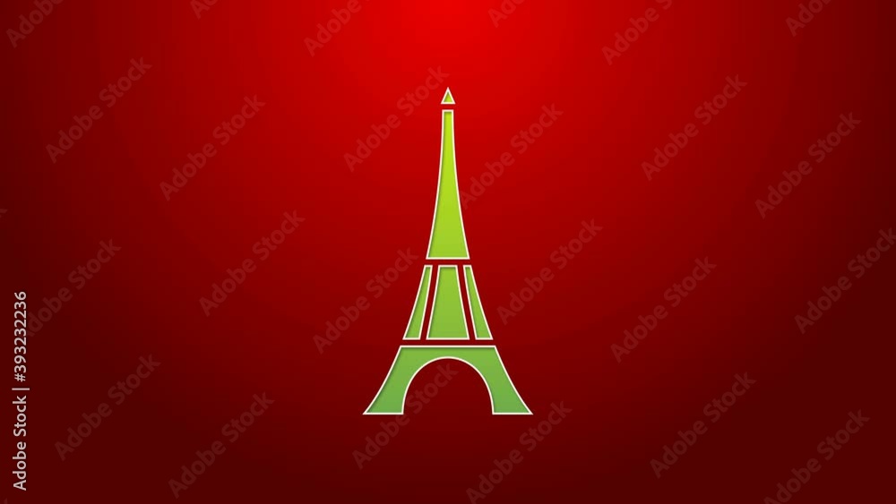 Poster Green line Eiffel tower icon isolated on red background. France Paris landmark symbol. 4K Video motion graphic animation