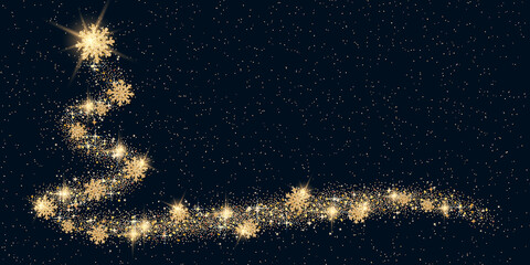 Christmas and New Year black vector background with stars, glitter effect and tree 