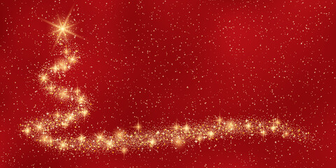 Christmas and New Year vector banner template. Red vector background with stars, glitter effect and snowflakes
