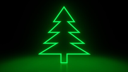 Christmas tree, green neon glow icon on darkness black background. Abstract winter holiday concept. Blank empty space for your copy or another design. 3D rendering illustration