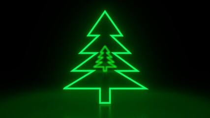 Christmas tree, green neon glow icon on darkness black background. Abstract winter holiday concept. Blank empty space for your copy or another design. 3D rendering illustration