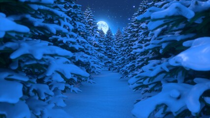 Fototapeta na wymiar New year and Christmas 2021 background. Christmas trees. Branches in the snow. View of the night magic forest and blue sky with stars and a bright moon. Depth of field. 3d rendering