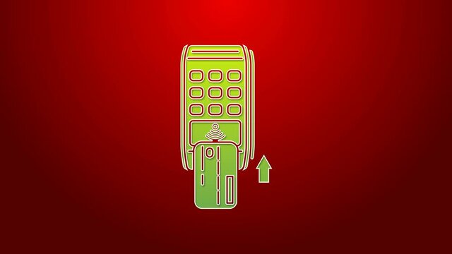 Green line Pos terminal with inserted credit card icon isolated on red background. Payment terminal transaction. Pay by card. 4K Video motion graphic animation