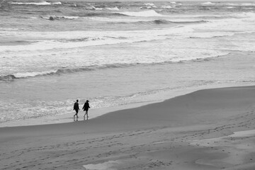 Grayscale shot of a couple walking along the shore
