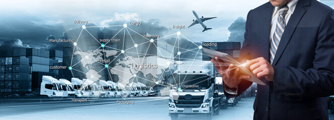 Multiple exposures of Businessman touching tablet for analyze stock at logistics port and world map with logistic network distribution on background, transportation trading business concept,