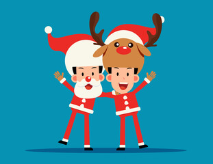 Christmas costume. Santa claus and reindeer arm over shoulder.