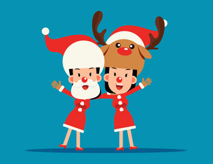 Christmas costume. Santa claus and reindeer arm over shoulder.