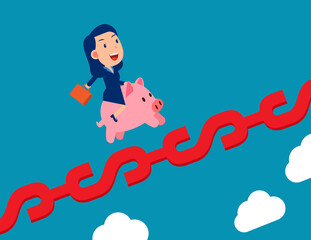 A woman riding piggy bank and growth on money sign