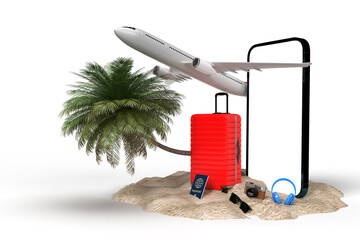 Suitcase, Smartphone Screen Clipping Part with the airplane, palm tree travel accessories, vacation items on a paradise island. Adventure travel summer holiday traveling concept design. 3D Rendering