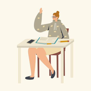 Female Student Character Sitting at Desk with Textbook Raising Hand in Classroom, Girl Answer Lesson Studying in Class