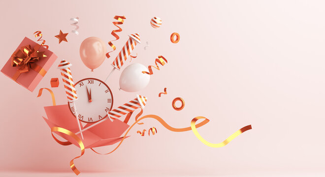 Happy new year 2021 concept with opened gift box, firework rocket, clock, balloon, ribbon, 3D rendering illustration
