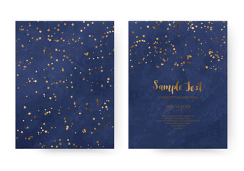 Holiday acrylic navy blue celebration invitation cards with gold stars confetti.