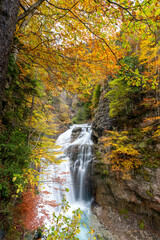 Upright photography of Cascada Del Estrecho ( Estrecho waterfall) during Autumn season,, in Ordesa valley  Heusca, Spain