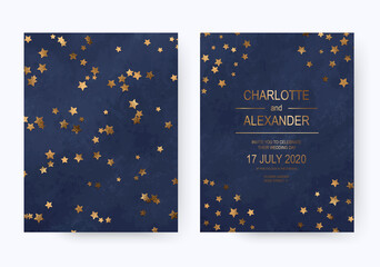 Holiday acrylic navy blue wedding invitation cards with gold stars confetti.