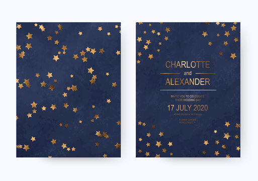 Holiday Acrylic Navy Blue Wedding Invitation Cards With Gold Stars Confetti.