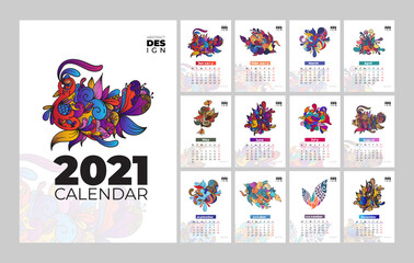 2021 calendar template on a abstract theme. Calendar design concept with abstract trendy animal and botanical. Set of 12 months 2021 pages. Vector illustration.