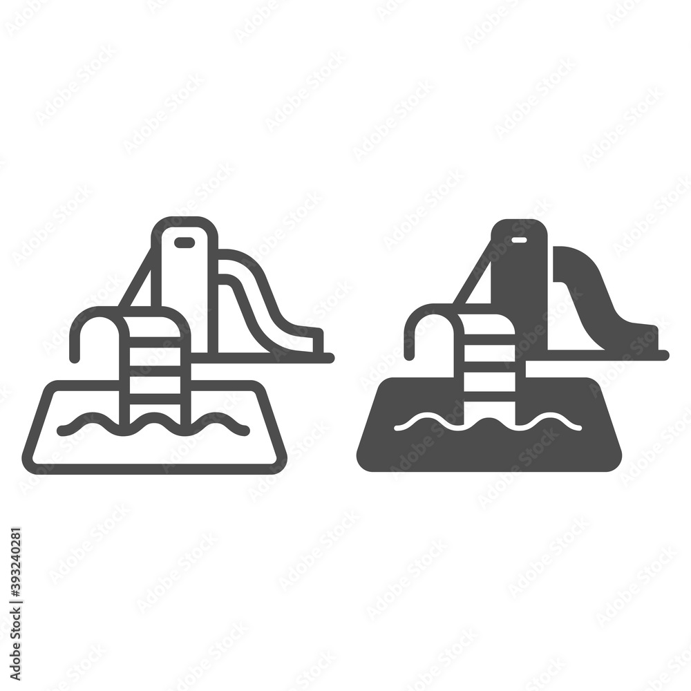 Poster pool and water slide line and solid icon, aquapark concept, waterpark with pool and slides sign on w