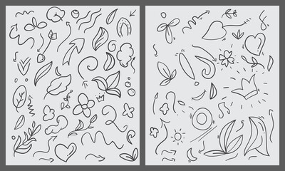 Abstract arrows, ribbons and other elements in hand drawn style for concept design. Doodle illustration. Vector template for decoration