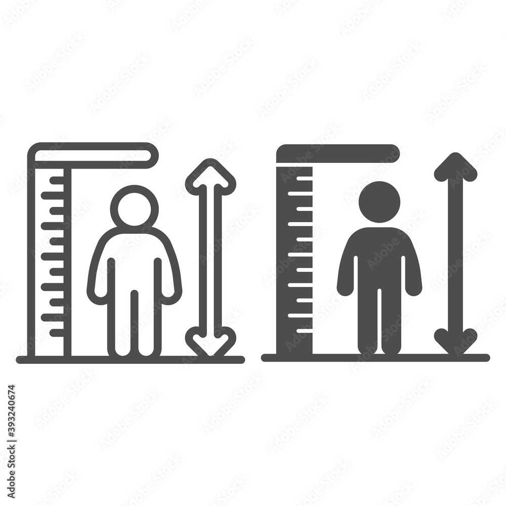 Poster ruler and human height line and solid icon, aquapark concept, man tall scale sign on white backgroun