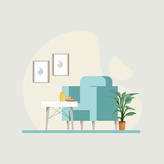 Hygge living concept collage. Scandinavian style cozy interior with homeplants. Vector Illustration.