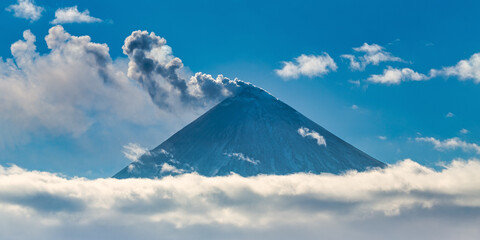 Beautiful volcano eruption, warning danger mount peak erupting ashes and volcanic gas from active...