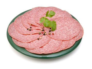 Salami smoked sausage slices isolated on white background.