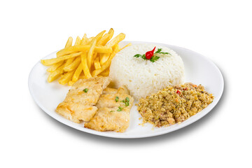 Typical Brazilian food, executive dish, food menu. Fish, rice, beans, potato and crumbs. White background