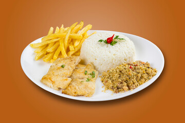 Typical Brazilian food, executive dish, food menu. Fish, rice, beans, potato and crumbs. Brown background
