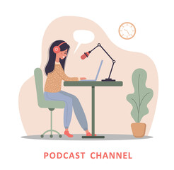 Podcast concept. Woman in headphones at table recording audio broadcast. Interview with radio host. Vector illustration in flat cartoon style.