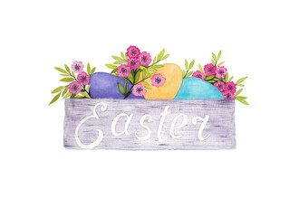 Watercolor Easter basket with eggs and flowers, leaves, branches isolated on white background. For cards, invitations.