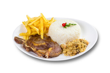 Typical Brazilian food, executive dish, food menu. Rib, rice, beans, potato and crumbs. White background