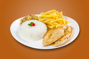 Typical Brazilian food, executive dish, food menu. Chicken breast, rice, beans, potato and crumbs.  Brown background