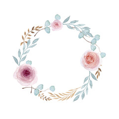 Floral wreath with green leaves eucalyptus, pink roses. Watercolor illustration isolated on white background.