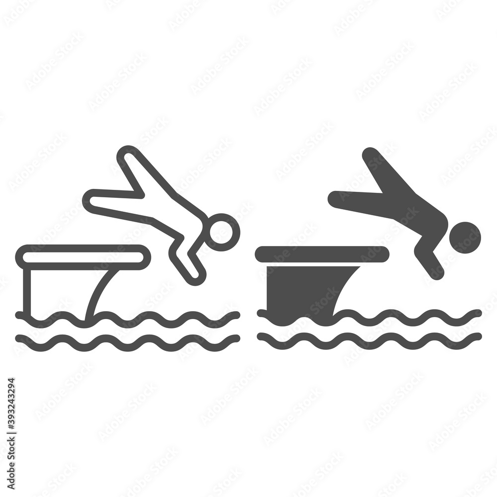 Poster man jump in water line and solid icon, aquapark concept, swimmer jumping from starting block to pool