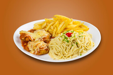Typical Brazilian food, executive dish, food menu. Beef, Spaghetti, beans and potato. Brown Background