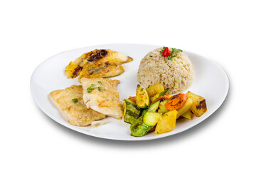 Typical Brazilian food, executive dish, food menu. Fish, rice and vegetables. white background