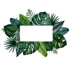 Frame with tropical leaves; monstera, palm, banana, saw palmetto, calathea. Watercolor illustration isolated on white background. - obrazy, fototapety, plakaty