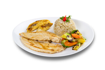 Typical Brazilian food, executive dish, food menu. Chicken breast and rice. White background