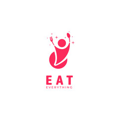 Eat foodie eat lover logo template simple icon symbol illustration people carry spoon and fork in funny cute pink style