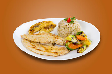 Typical Brazilian food, executive dish, food menu. Chicken breast and rice. Brown background