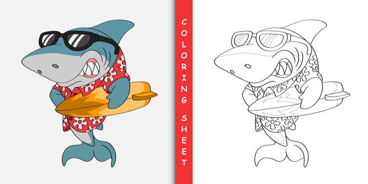 Smiling Surfer Shark Cartoon, Coloring Sheet