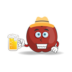 The Apple mascot character is holding a glass filled with a drink. vector illustration