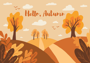 Flat Autumn landscape. Vector countryside illustratiom with woods, herbs and road. Hello autumn lettering